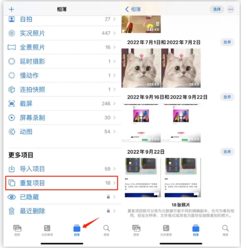 渝北苹果手机维修分享iOS 16 中相册重复项目功能使用方法 